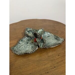 Handmade Green Leaf Pottery Footed Dish Charcuterie Display With RedBerry Accent